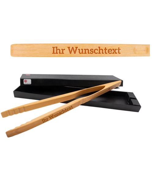 Greta aus Buchenholz Grillzange mit Wunschtext graviert